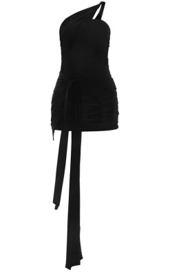 Black Drape Tie Detail Bandeau Bodycon Dress