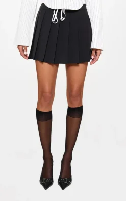 Black Drawstring Double Waistband Tailored Pleated Mini Skirt