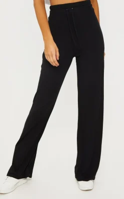 Black Drawstring Jersey Wide Leg Pants