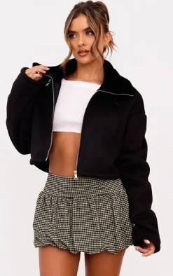 Black Dropped Shoulder Cropped Faux Fur Contrast Jacket
