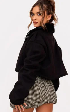 Black Dropped Shoulder Cropped Faux Fur Contrast Jacket