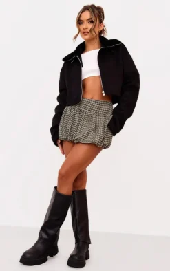 Black Dropped Shoulder Cropped Faux Fur Contrast Jacket