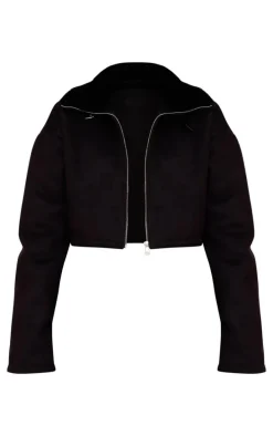 Black Dropped Shoulder Cropped Faux Fur Contrast Jacket