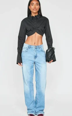 Black Elasticated Bust Detail Cropped Shirt