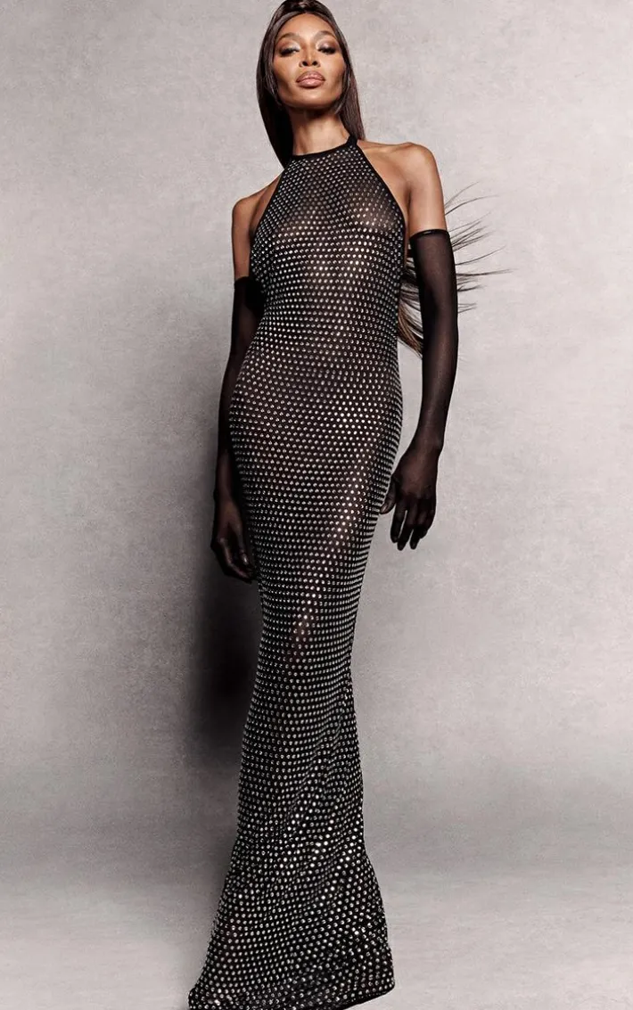 Black Embellished Mesh Backless High Neck Maxi Dress