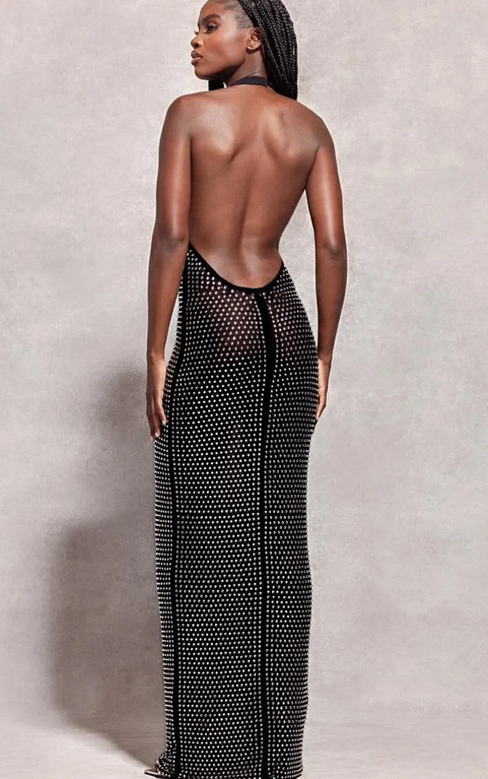 Black Embellished Mesh Backless High Neck Maxi Dress