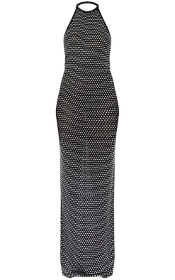 Black Embellished Mesh Backless High Neck Maxi Dress