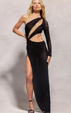Black Embellished Mesh One Sleeve Extreme Cut Out Maxi Dress