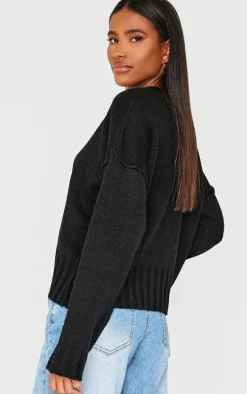 Black Exposed Seam Chunky Knit Oversized Sweater