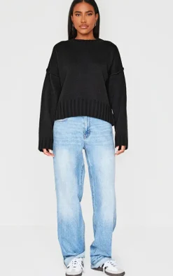 Black Exposed Seam Chunky Knit Oversized Sweater
