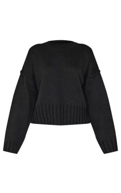 Black Exposed Seam Chunky Knit Oversized Sweater