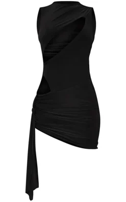 Black Extreme Cut Out Knot Detail Slinky Bodycon Dress