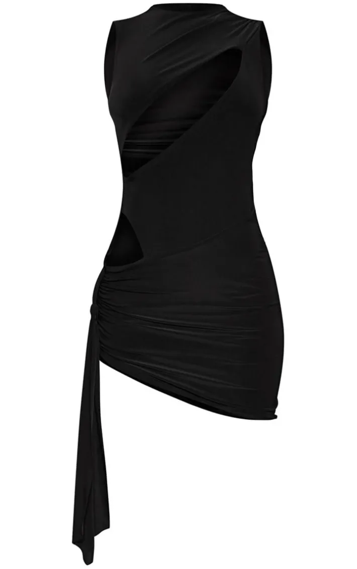 Black Extreme Cut Out Knot Detail Slinky Bodycon Dress