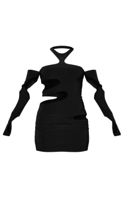 Black Extreme Cut Out Sleeve Detail High Neck Bodycon Dress