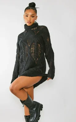 Black Extreme Distressed Knitted Sweater Dress