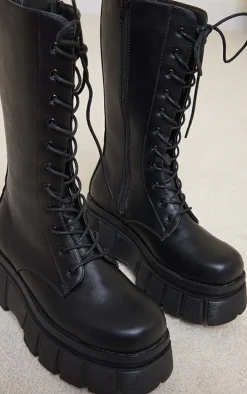 Black Extreme Flatform Sole Calf High Biker Boots