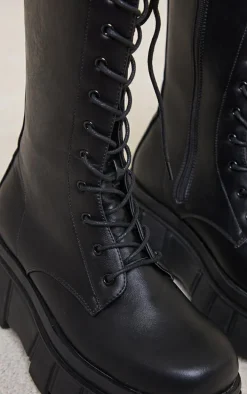 Black Extreme Flatform Sole Calf High Biker Boots