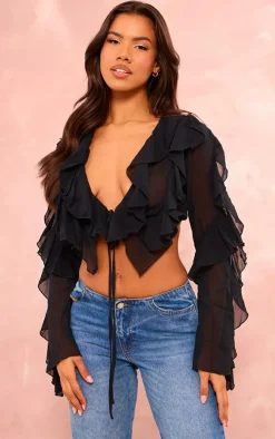 Black Extreme Frill Tie Front Flare Sleeve Blouse