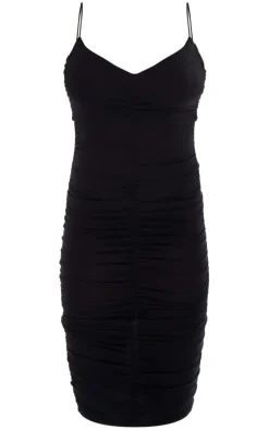Black Extreme Ruched Spaghetti Midi Dress