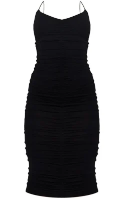 Black Extreme Ruched Spaghetti Midi Dress