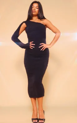 Black Eyelash Knit Asymmetric One Shoulder Maxi Dress