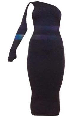 Black Eyelash Knit Asymmetric One Shoulder Maxi Dress