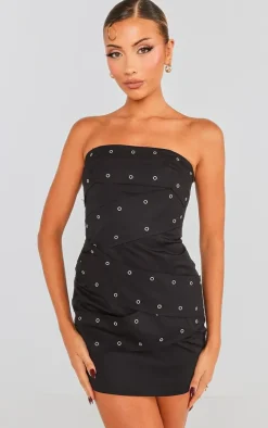 Black Eyelet Belted Wrap Bandeau Bodycon Dress