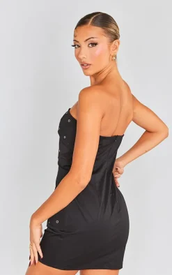 Black Eyelet Belted Wrap Bandeau Bodycon Dress