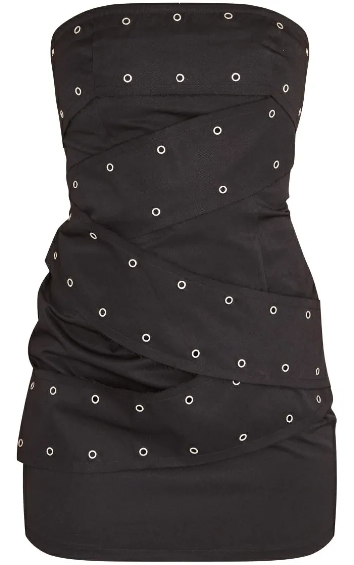 Black Eyelet Belted Wrap Bandeau Bodycon Dress