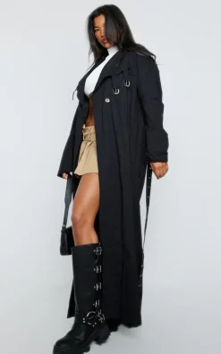 Black Eyelet Detail Belted Maxi Trench Coat
