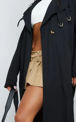 Black Eyelet Detail Belted Maxi Trench Coat