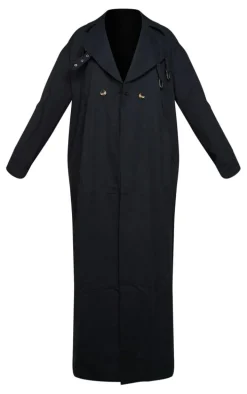 Black Eyelet Detail Belted Maxi Trench Coat