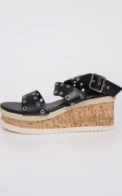 Black Eyelet Espadrille Flatform Sandals