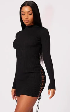 Black Eyelet Lace Up Side Ring Knit Dress