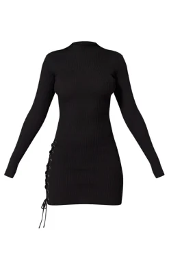 Black Eyelet Lace Up Side Ring Knit Dress