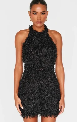 Black Faux Feather Halterneck Mini Dress