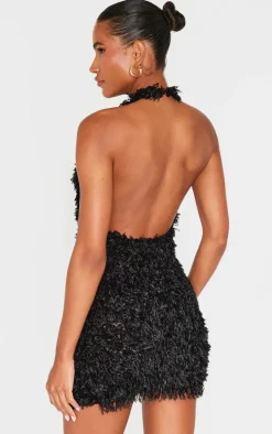 Black Faux Feather Halterneck Mini Dress