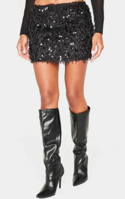Black Faux Feather Sequin Micro Mini Skirt