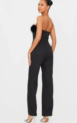 Black Faux Fur Bandeau Straight Leg Jumpsuit