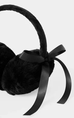Black Faux Fur Bow Detail Ear Muffs