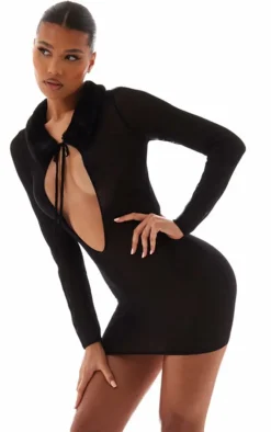Black Faux Fur Collar Sheer Knit Mini Dress