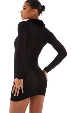 Black Faux Fur Collar Sheer Knit Mini Dress