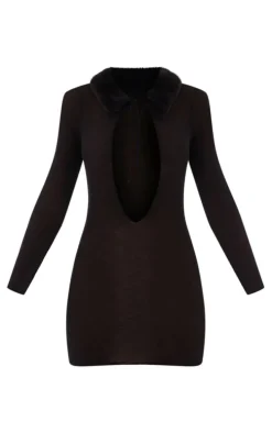 Black Faux Fur Collar Sheer Knit Mini Dress