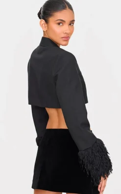 Black Faux Fur Cuff Detail Cropped Blazer