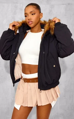 Black Faux Fur Detachable Hood Parka Coat