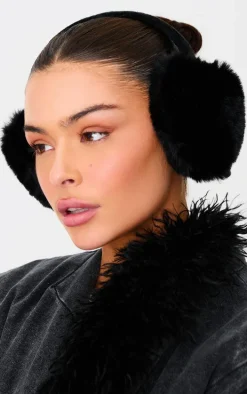 Black Faux Fur Heart Ear Muffs