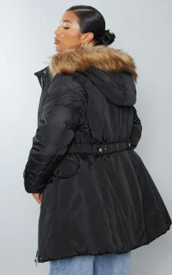 Black Faux Fur Hooded Elasticated Waist Longline Parka