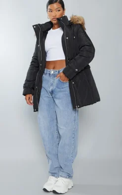 Black Faux Fur Hooded Elasticated Waist Longline Parka