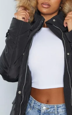 Black Faux Fur Hooded Elasticated Waist Longline Parka