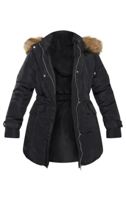 Black Faux Fur Hooded Elasticated Waist Longline Parka